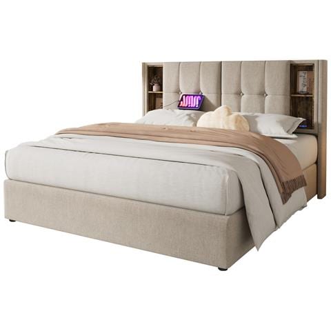 Letto Matrimoniale Con Ricarica Wireless E Stoccaggio In Lino Naturale - Foto 1