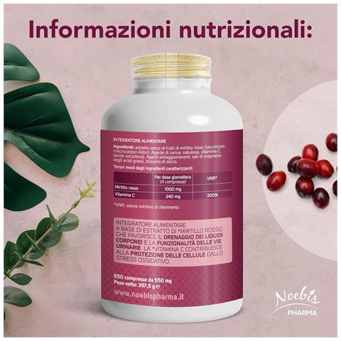 Cranberry + Vitamina C 650 Compresse - Mirtillo Rosso e Vitamina C - Vie Urinarie, Drenaggio e Azione Antiossidante (Confezione sestupla) - Foto 5