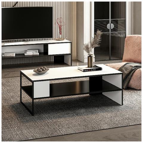 Tavolino Concord - Basso - Con Ripiani - Da Soggiorno - Bianco, Nero In Truciolare Melaminico, Metallo - 120 X 45 X 60 Cm - Foto 2