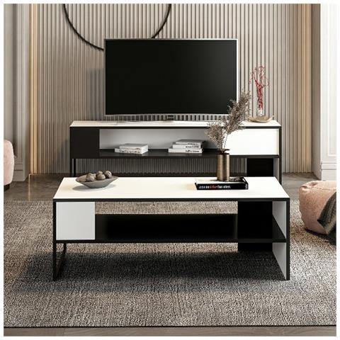 Tavolino Concord - Basso - Con Ripiani - Da Soggiorno - Bianco, Nero In Truciolare Melaminico, Metallo - 120 X 45 X 60 Cm - Foto 3