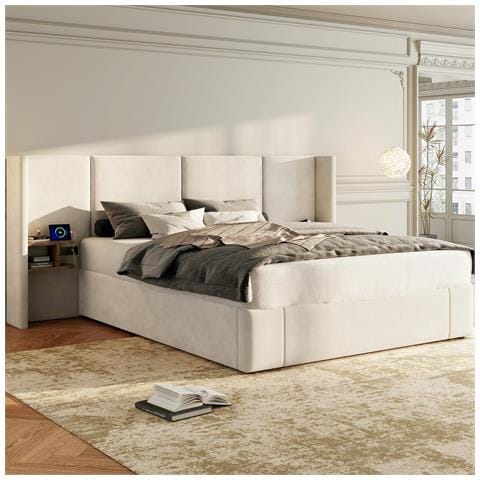 Letto Contenitore  Letto Imbottito 160x200cm, Letto Idraulico Ad Orecchie Larghe Con Connessione Usb E Due Comodini, Velluto, Beige, Senza Materasso - Foto 1