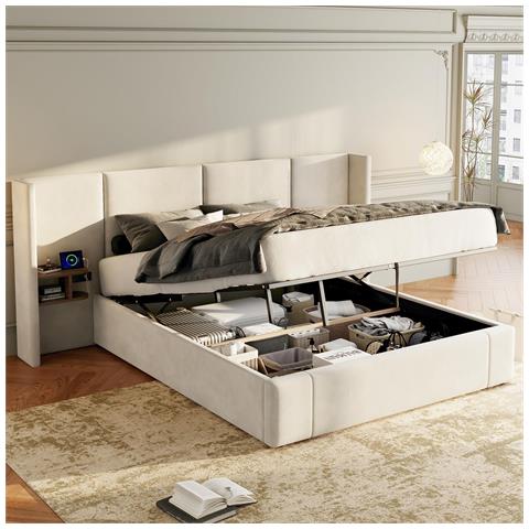 Letto Contenitore  Letto Imbottito 160x200cm, Letto Idraulico Ad Orecchie Larghe Con Connessione Usb E Due Comodini, Velluto, Beige, Senza Materasso - Foto 2