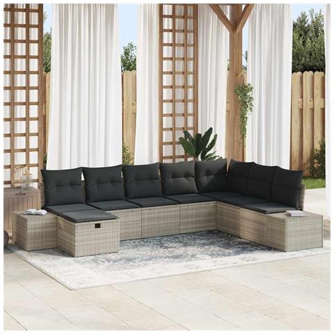 Set di divani da giardino a 8 pezzi con cuscini in rattan polimerico grigio chiaro - Foto 2