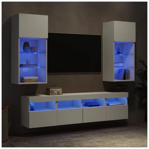 Mobili TV a Muro con LED 5pz Bianchi in Legno Multistrato - Foto 2