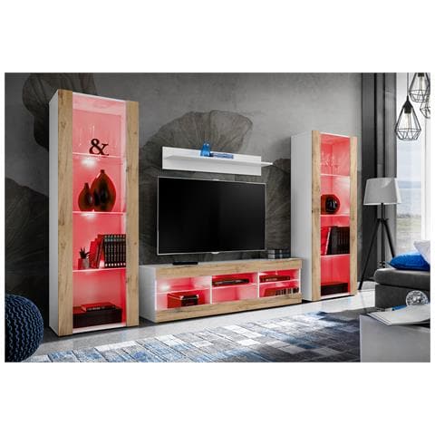 Komodee, Set di mobili porta TV Tivoli Grande RTV, Bianco Wotan, LED RGB, Larghezza 250 cm x Altezza 159 cm x Profondità 35 cm, Per soggiorno, Camera da letto - Foto 2