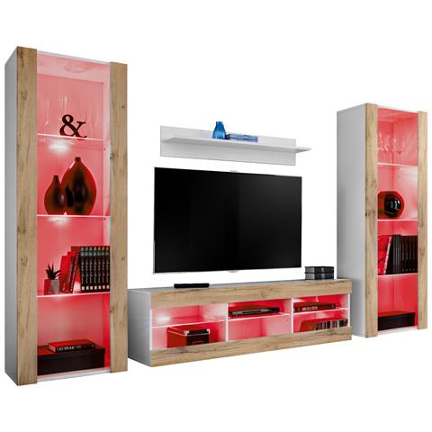 Komodee, Set di mobili porta TV Tivoli Grande RTV, Bianco Wotan, LED RGB, Larghezza 250 cm x Altezza 159 cm x Profondità 35 cm, Per soggiorno, Camera da letto - Foto 1