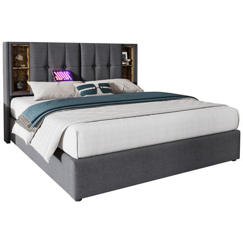 Letto Matrimoniale Con Ricarica Wireless In Cotone Grigio E Design Moderno - Foto 1