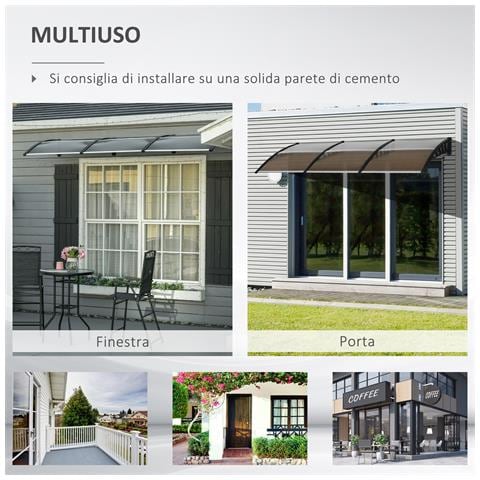 Pensilina Da Esterno Per Finestre E Porte, In Policarbonato E Alluminio, 303x100x26cm - Marrone - Foto 6