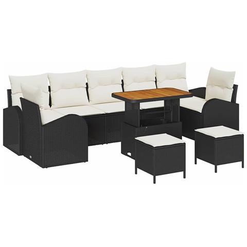 Set Divani Giardino 10 Pezzi con Cuscini Nero Polyrattan Acacia, Divano Giardino 2 Posti con Cuscini Nero Polyrattan, Set Pranzo Giardino 3 Pezzi con Cuscini Nero Polyrattan Acacia - Foto 1