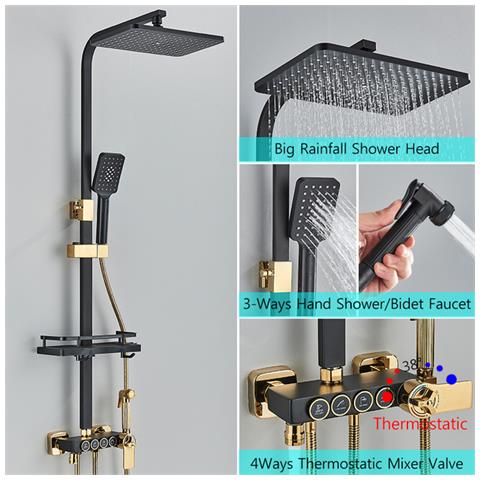 Colonna doccia, Blackswan, Tipo M147, modello regolabile nero /oro, con termostato, bocca mobile, doccia ad alta pressione e mensola, misura 120 cm - Foto 2