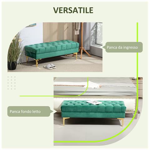 Panca Fondo Letto Imbottita con Rivestimento Trapuntato in Tessuto Effetto Velluto, 118x45x42 cm, Verde Scuro - Foto 2