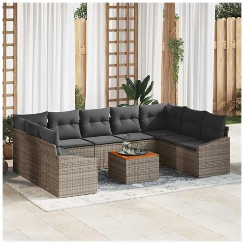 Set Divani Giardino 10 Pezzi Cuscini Grigio Polirattan Acacia - Foto 2