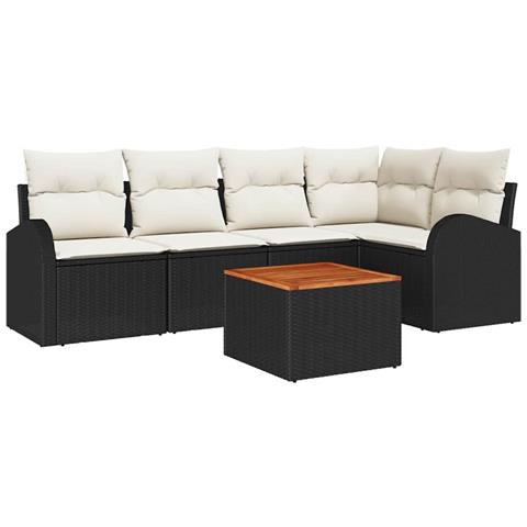 Set Divano da Giardino da 6 Pezzi con Cuscini Nero Rattan Polimerico Acacia, Divano da Giardino a 2 Posti con Rimozione & Cuscini Nero Rattan Polimerico - Foto 1