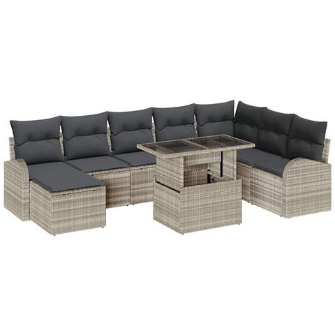 Set Divano Giardino 9 Pezzi con Cuscini Grigio Chiaro Polyrattan, Divano Giardino 2 Posti con Storage e Cuscini Grigio Chiaro Polyrattan - Foto 1