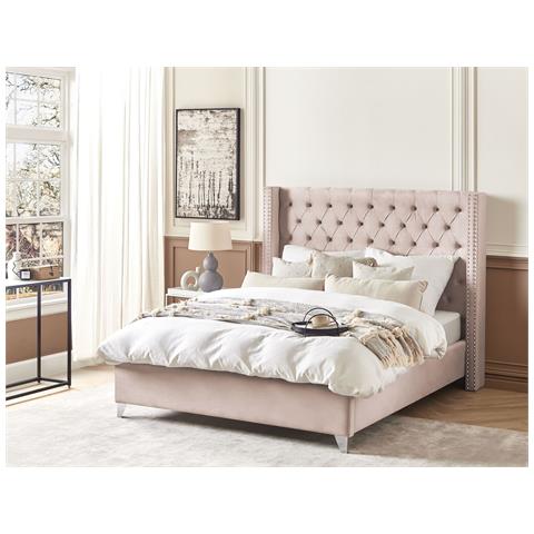 Letto Matrimoniale Velluto Rosa Pastello E Argento 160 X 200 Cm Lubbon - Foto 1