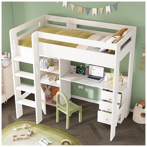 Letto A Soppalco 90×200 Cm, Letto Per Bambini Con Scrivania Usb-c, Letto Singolo, Senza Materasso - Foto 1