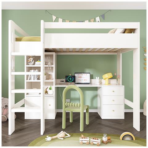 Letto A Soppalco 90×200 Cm, Letto Per Bambini Con Scrivania Usb-c, Letto Singolo, Senza Materasso - Foto 2
