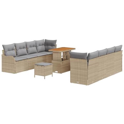 Set divani giardino 11 pezzi con cuscini beige in polirattan e acacia,  Divano giardino 2 posti con cuscini beige in polirattan,  Set pranzo giardino 3 pezzi con cuscini beige in polirattan e acacia - Foto 1