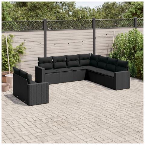 Set Divani da Giardino 9 pz con Cuscini Nero in Polyrattan - Foto 2