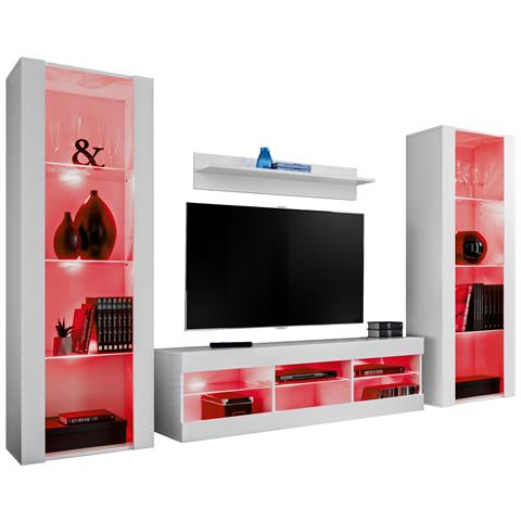 Komodee, Set di mobili porta TV Tivoli Grande RTV, Bianco, LED RGB, Larghezza 250 cm x Altezza 159 cm x Profondità 35 cm, Per soggiorno, Camera da letto - Foto 1