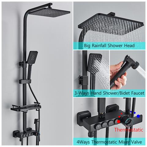 Colonna doccia, Blackswan, Tipo M145, modello nero opaco regolabile, con termostato, bocca mobile, doccia ad alta pressione e mensola, misura 120 cm - Foto 2