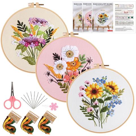 Kit Di Avvio Per Ricamo A Mano Fai Da Te - 3 Set Con Motivi Floreali, Cerchio E Strumenti - Foto 1
