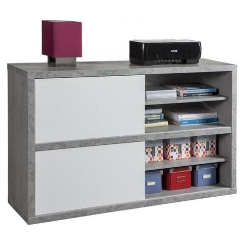 Mobile Multiuso Pratico A Due Ante Scorrevoli Color Cemento E Laccato Bianco Lucido Cm 140x35,5x87 - Bs0748k56104 - Foto 1