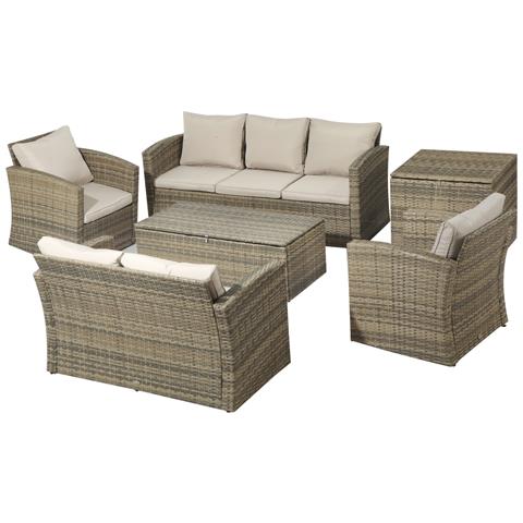 Set Mobili da Giardino 6 Pezzi in Rattan con Divani, Poltrone e Tavoli Contenitore, Beige - Foto 1
