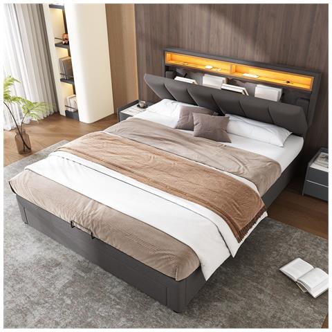Letto Contenitore  Letto Imbottito Con Illuminazione A Led, Letto Contenitore Idraulico Con Cassetti E Vani Portaoggetti, Letto Matrimoniale 140x190 Cm, Grigio, Senza Materasso - Foto 1