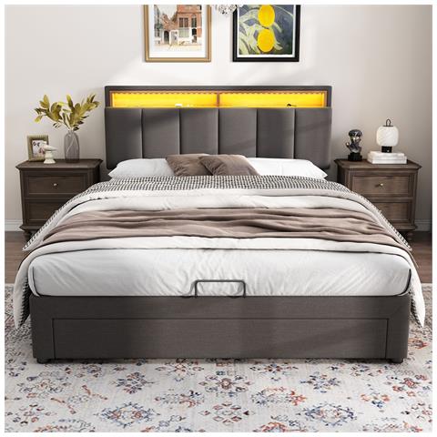 Letto Contenitore  Letto Imbottito Con Illuminazione A Led, Letto Contenitore Idraulico Con Cassetti E Vani Portaoggetti, Letto Matrimoniale 140x190 Cm, Grigio, Senza Materasso - Foto 2