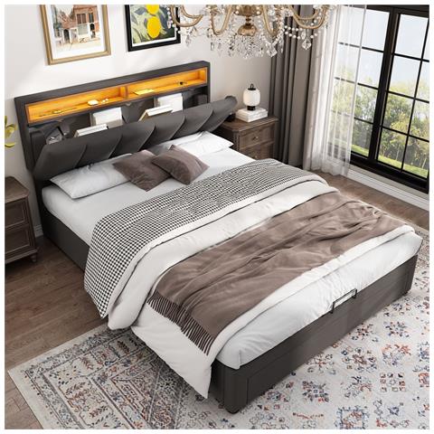 Letto Contenitore  Letto Imbottito Con Illuminazione A Led, Letto Contenitore Idraulico Con Cassetti E Vani Portaoggetti, Letto Matrimoniale 140x190 Cm, Grigio, Senza Materasso - Foto 4