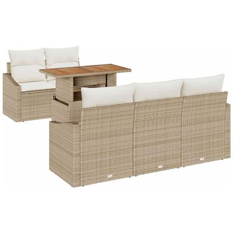 Set da Pranzo per Giardino 6 Pezzi con Cuscini Beige in Rattan e Acacia - Foto 1