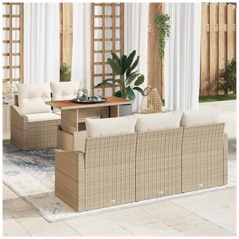Set da Pranzo per Giardino 6 Pezzi con Cuscini Beige in Rattan e Acacia - Foto 2