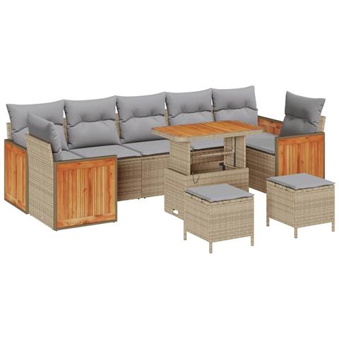 Set di Divano da Giardino 10 Pezzi con Cuscini Beige Polirattan Acacia, Set da Pranzo da Giardino 3 Pezzi con Cuscini Beige Polirattan Acacia - Foto 1