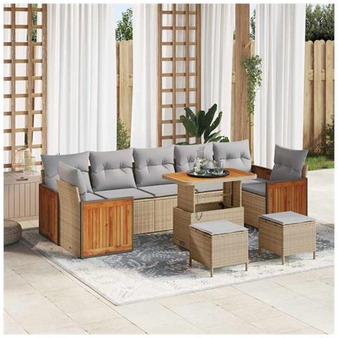 Set di Divano da Giardino 10 Pezzi con Cuscini Beige Polirattan Acacia, Set da Pranzo da Giardino 3 Pezzi con Cuscini Beige Polirattan Acacia - Foto 2