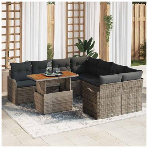Set Divano Giardino 9 Pezzi con Cuscini Grigio Polirattan Acacia, Divano Giardino Due Persone con Cuscini Grigio Polirattan - Foto 2