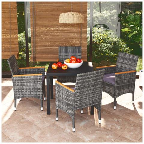 Set da Pranzo per Giardino 5 pz con Cuscini Polyrattan Grigio - Foto 2