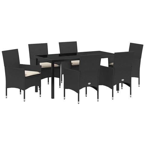 Set da Pranzo per Giardino con cuscino 7 pcs Nero Poly Rattan - Foto 1