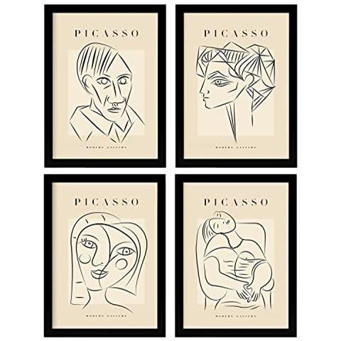 Set Di 4 Stampe Illustrazioni Di Picasso Ritratti Illustrazioni A Linea Singola In Galleria D'arte Dipinti Per Cornice Nera A4 - Foto 1