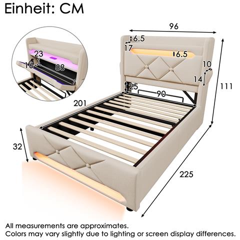 Letto Singolo In Lino Beige Con Testiera Usb E Stoccaggio Idraulico - Foto 2