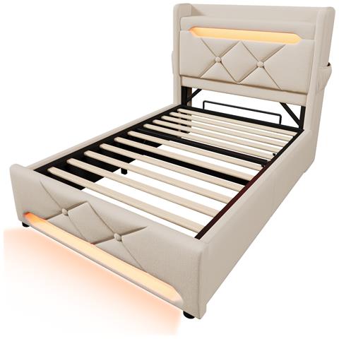 Letto Singolo In Lino Beige Con Testiera Usb E Stoccaggio Idraulico - Foto 3