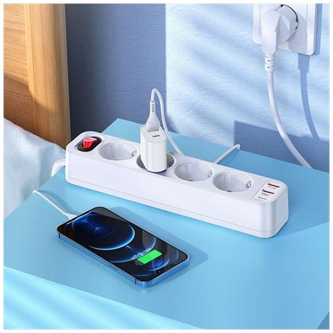 Prolunga 1.8 Metri Multipla 4 Schuko + 2 Usb 18w +1 Usbc 20w Carica White Con Spina Schuko - Foto 2