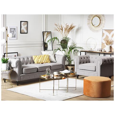 Set Da Salotto 4 Posti Chesterfield Tessuto Grigio Chiaro - Foto 1