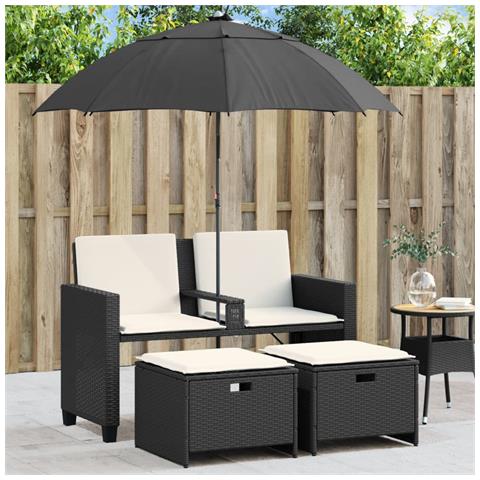 Divano Giardino 2 Posti Ombrellone e Sgabelli Nero Polyrattan - Foto 2
