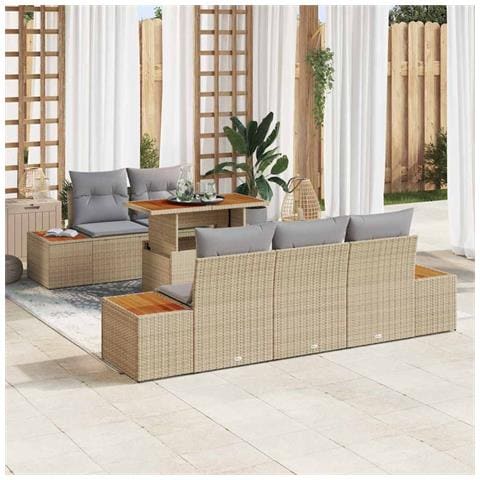 Set da Pranzo per Giardino 6 Pezzi con Cuscini Beige Polirattan Acacia - Foto 2