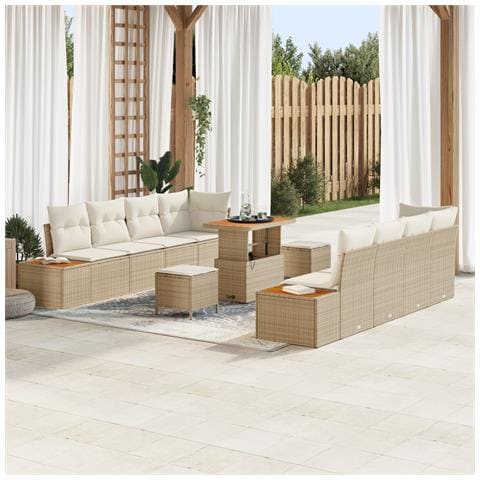 Set Divani Giardino 11 Pezzi con Cuscini Beige in Rattan e Acacia,  Set Pranzo Giardino 3 Pezzi con Cuscini Beige in Rattan e Acacia - Foto 2