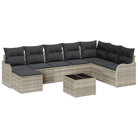 Set divano giardino 9 pezzi con cuscini grigio polirattan, Divano giardino 2 posti con spazio e cuscini grigio chiaro polirattan - Foto 1