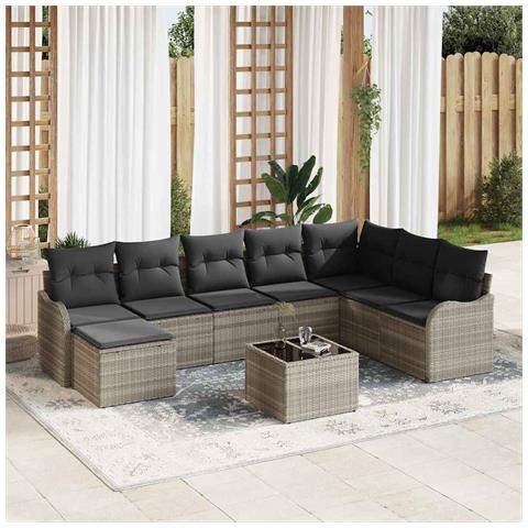 Set divano giardino 9 pezzi con cuscini grigio polirattan, Divano giardino 2 posti con spazio e cuscini grigio chiaro polirattan - Foto 2