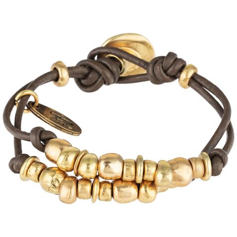 Bracciale Doppio In Pelle Marrone E Placcato Oro - Foto 1