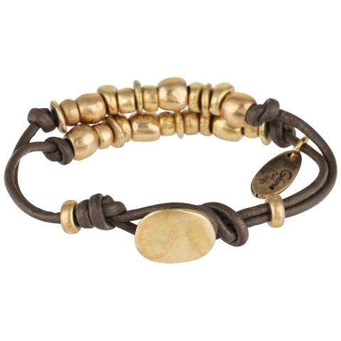 Bracciale Doppio In Pelle Marrone E Placcato Oro - Foto 2